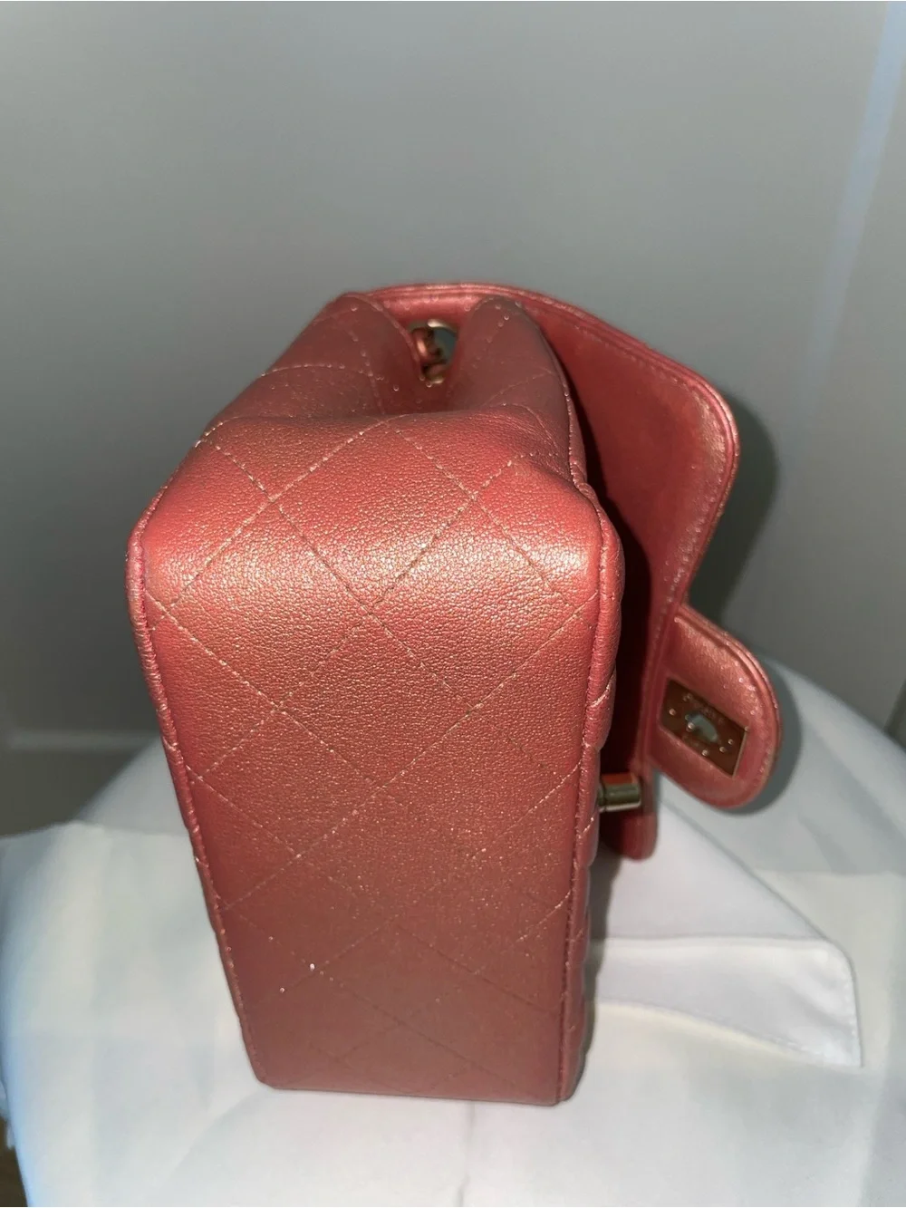 CHANEL Quilted Mini Flap Bag in Metallic Rose